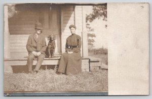 RPPC Lovely Couple Dapper Man Woman Porch Sittin with Dog c1910 Postcard S28