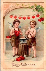 Valentine's Day Postcard Cherub Boys Fixing Broken Hearts Arrow Blacksmith