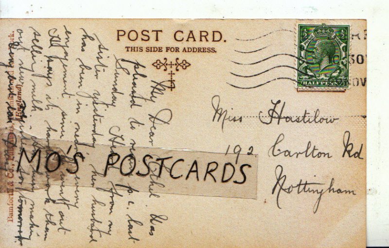 Genealogy Postcard - Hastilow - 192 Carlton Road - Nottingham - Ref 6390A