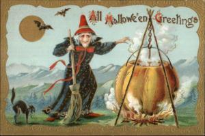 Halloween - Old Witch & Pumpkin Cauldron c1910 Postcard