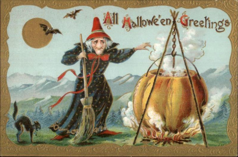 Halloween - Old Witch & Pumpkin Cauldron c1910 Postcard