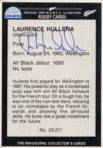 Laurence Hullena 1991 New Zealand Hand Signed Rugby Card Photo