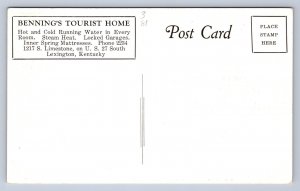 K4/ Lexington Kentucky Postcard c1940s Bennings Tourist Home  95