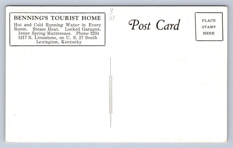 K4/ Lexington Kentucky Postcard c1940s Bennings Tourist Home  95