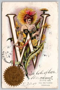 Wisconsin State Girl Seal & Flower Dandelion 1907 To McDowell VA Postcard X23