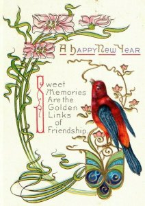 C.1910 Art Nouveau Bird Gilt Fabulous Gloral New Year Vintage Postcard P77