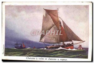 Old Postcard Fantasy Illustrator Haffner Boat Trawler has sails and steam tra...