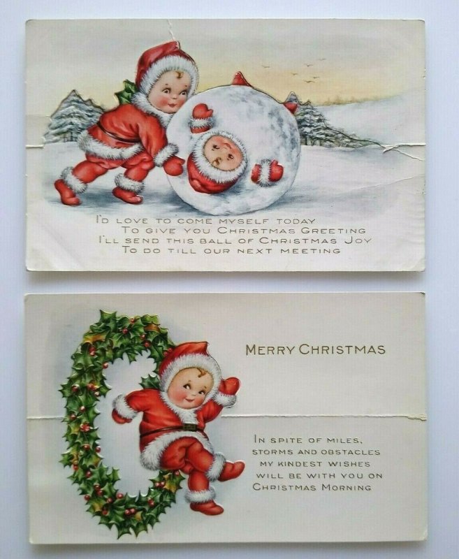 Christmas Postcard Lot Of 2 Diecut Whitney Child Santa Rolling In Giant Snowball