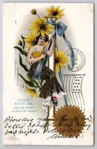 Illinois State Girl Seal & Flower Black-Eyed Susan 1907 McDowell VA Postcard X24