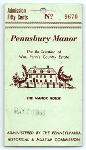 1969 MORRISVILLE PA PENNSBURY MANOR HOUSE ADMISSION TICKET WILLIAM PENN  Z5213