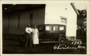 Sheridan MO Man & Woman Home & Car 1927 Real Photo Postcard