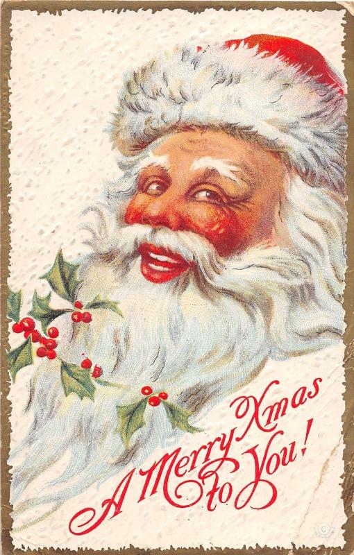 C7/ Santa Claus Merry Christmas Holiday Postcard c1910 Big Smile Gold Border 35