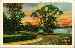 Sunset on Lake Elbert, Winter Haven FL Vintage Linen Postcard A56