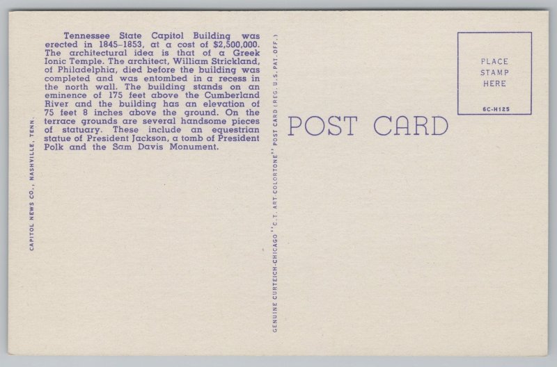 Linen~Nashville Tennessee~State Capitol Building~Vintage Postcard
