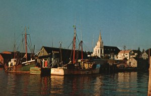 Postcard Late Afternoon View West Side Harbor Catholic Church Boothbay Harbor ME