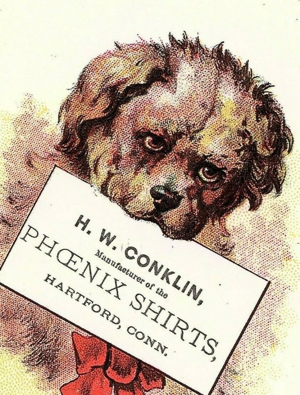 H W Conklin Phoenix Shirts Hartford CT Victorian Trade Card Cute Dog Red Bow Tie