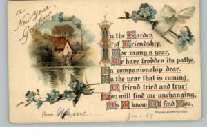 New Year Watermill Blue Flowers c1910 Postcard