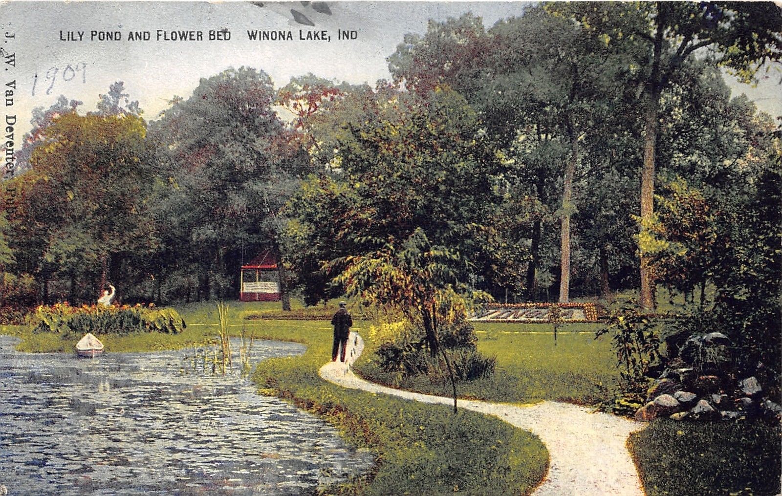 Winona Lake IndianaPark SceneLily Pond & Flower BedMan on Pathway