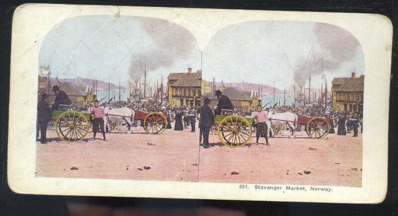 STAVANGER MARKET NORWAY NORGE STREET SCENE VINTAGE STEREOVIEW CARD