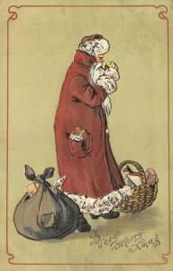 A Very Merry Christmas Brown Robed Santa Bag & Basket Embossed Postcard