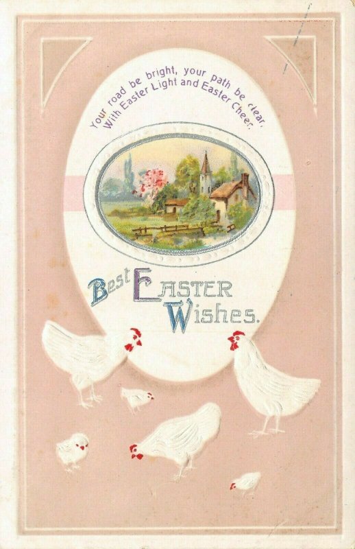 Easter Egg Vignette~Farm~White Embossed Hens & Chicks on Tan Back~IAPC 1908 PC 