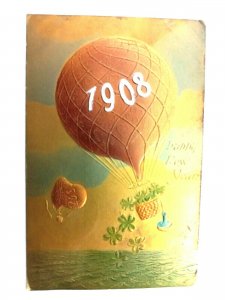 Vintage Postcard 1907 A Happy New Year 1908 Air Balloon Gold Holiday