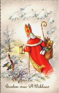 Groeten van Sint Niklaas Saint Nicolas In The Snow With Toys Postcard C101