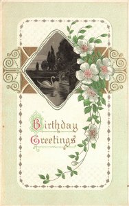 Vintage Postcard 1913 Birthday Greetings Framed With Flowers And Lake Pond Swan