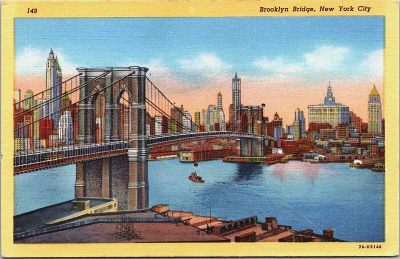 Brooklyn Bridge New York City Linen Postcard C101