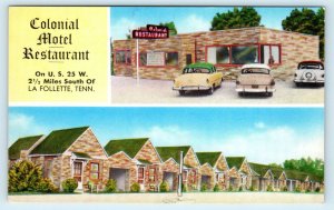 LA FOLLETTE, TN ~ COLONIAL MOTEL & Restaurant c1950s Cars Roadside Postcard