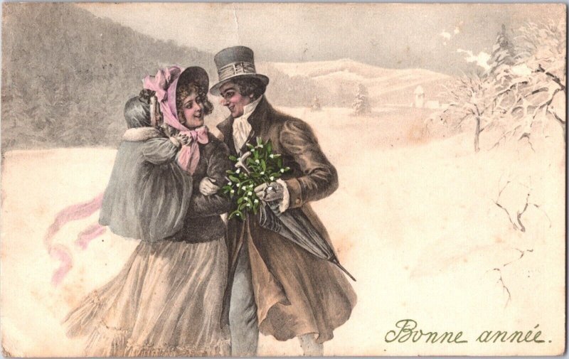 Happy New Year Romantic Couple Vienna Style Snow Vintage Postcard 09.56