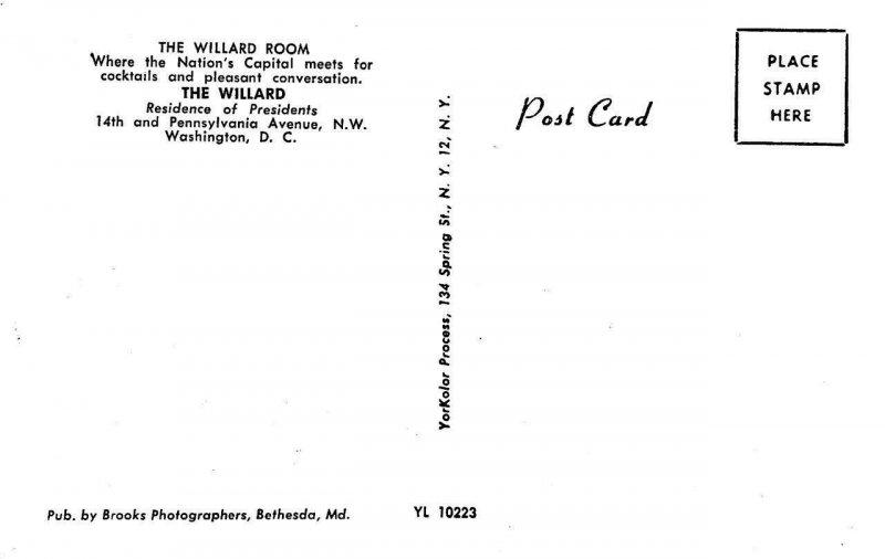 Washington, D.C.   THE WILLARD ROOM COCKTAIL LOUNGE~Interior   c1950's Postcard