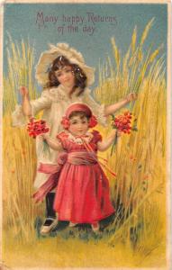 Many Happy Returns of the Day two little girls flowers antique pc Z16882