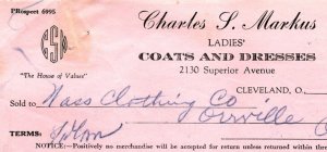 1936 CHARLES S MARKUS LADIES COATS-DRESSES CLEVELAND OHIO BILLHEAD INVOICE Z1391