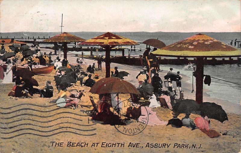 The Beach at Eighth Ave., Asbury Park, New Jersey, Early Postcard, Used in 1907