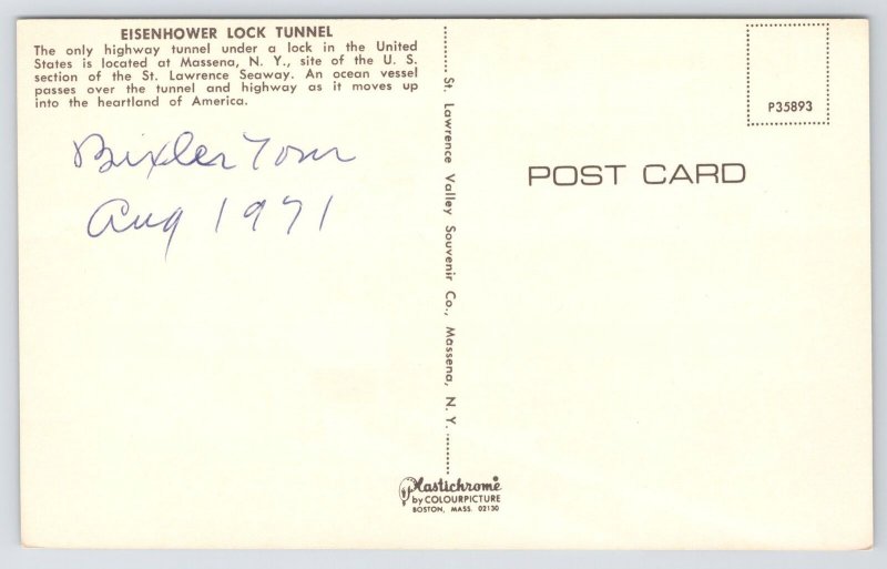 Massena New York~Eisenhower Lock Tunnel~Ship~St Lawrence~1971 Postcard