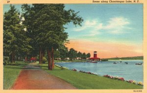 Vintage Postcard Scene Along Driveway Bay Garden Chautauqua Lake New York NY