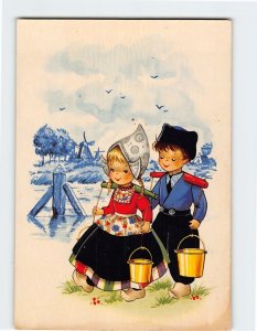 Postcard Two Dutch Children Carrying Pails of Water