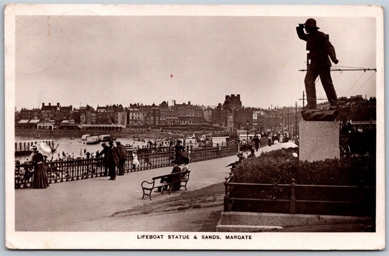 Vtg Lifeboat Man Statue & Sands Margate Kent England RPPC Real Photo Postcard