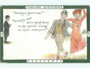 Pre-Linen comic ELEGANT WOMAN AND MAN IN BOWLER HAT k3658