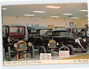 Postcard Cadillac, Model T Ford, Brewster & Fire Engine, Edison Museum, FL