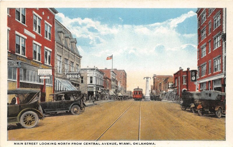 G49/ Miami Oklahoma Postcard c1910 Main Street Stores Autos Trolley