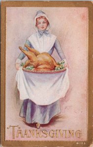 Thanksgiving Young Woman Holding Turkey Unused Embossed 4102 Postcard H26