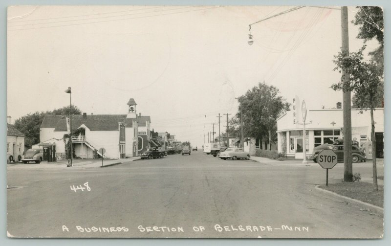 Belgrade MN~Pure & Mobil Gas Stations~Cafe~Barber Shop~Hamm's Beer~1949 RPPC