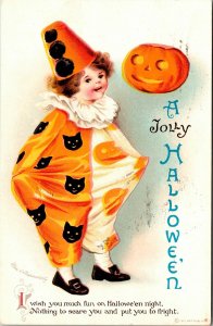 Vintage Clapsaddle  Adorable Boy Pierrot, Clown,Black Cat,JOL Halloween Postcard