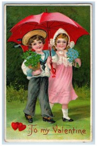 c1910's Valentine Children Shamrock In Pot Pansies Flowers Embossed Postcard