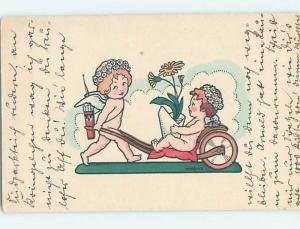 Pre-Linen foreign signed VALENTINE CUPID PUSHING WHEELBARROW HL6962