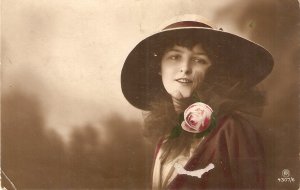 Pretty similing lady. Fantasy hat. Pink rose·  Nice old vintage Postcard