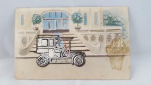 Embossed handmade postcard - metal antique renault car Stecher Lithograph 1908