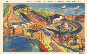 Chicago World's Fair Enchanted Island Aerial View Linen Postcard